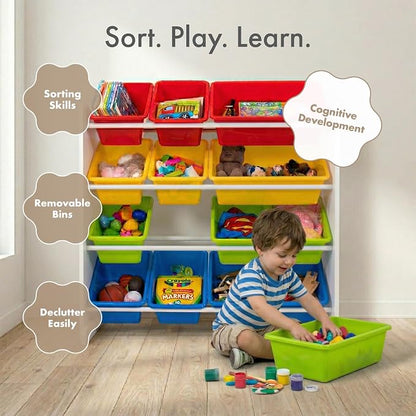 Humble Crew Toy Storage Organizer with 12 Removable Storage Bins for Kids Playroom, 4-Tier Toddler Toy Organization, White/Primary