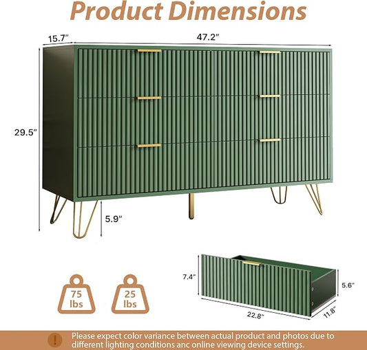 MAISONARIA Green Dresser for Bedroom, Modern Dresser with Gold Metal Handles & Chests of Drawers, Wood Chest of Drawers for Bedroom