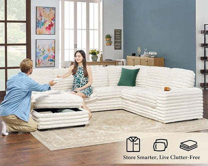 AMERLIFE 112 Inch U Shaped Couch, Oversized Couch with Storage Chaise & Cup Holders, Sectional Sofa with USB & Type-C Charging Ports, Faux Fur White Sofa