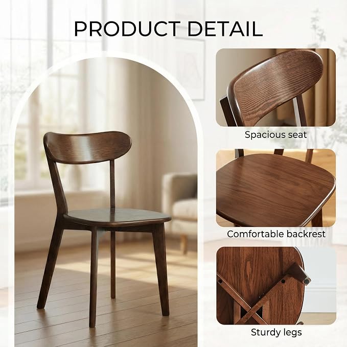 100% Solid Wood Dining Chairs,Mid Century Modern Dining Chairs with Comfortable Curved Backrest,Wood Chairs for Kitchen,Dining Room (1, Walnut Color)