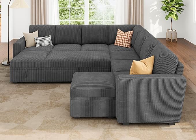 HONBAY Modular Sectional Sleeper Sofa with Pull Out Couch, Corduroy Oversized Sectional Couches Pull Out Bed with U Shaped Sleeper Storage for Living Room - Dark Grey
