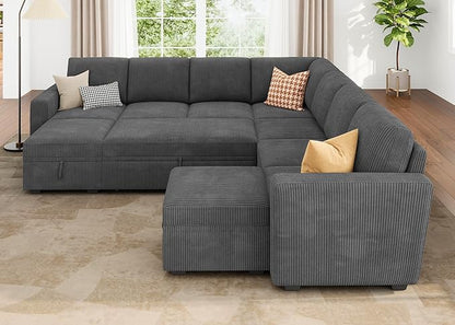 HONBAY Modular Sectional Sleeper Sofa with Pull Out Couch, Corduroy Oversized Sectional Couches Pull Out Bed with U Shaped Sleeper Storage for Living Room - Dark Grey