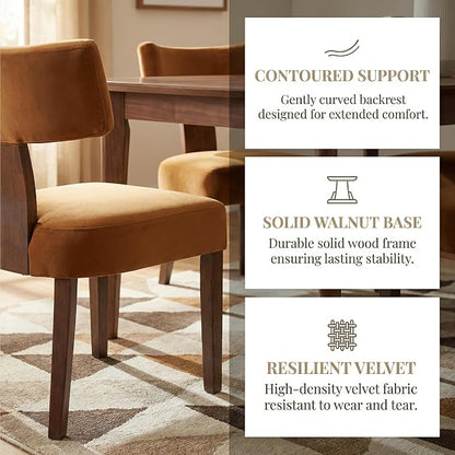 HNY Mid Century Modern Dining Chairs, Velvet Fabric Farmhouse Upholstered and Curved Backrest Kitchen Accent Chairs Set of 4, with Hardwood Frame, Burnt Caramel