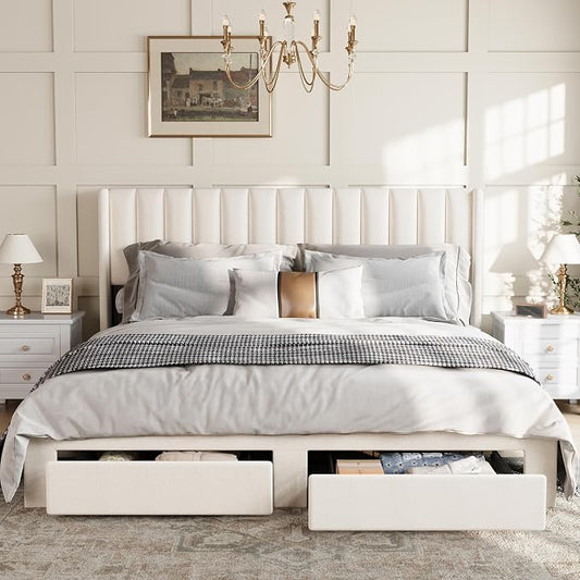 GAOMON King Size Velvet Upholstered Platform Bed with Storage Drawers, Wingback Headboard, No Box Spring Needed, Cream White