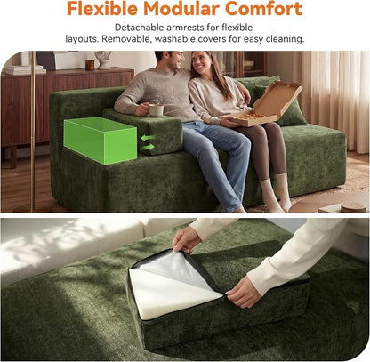MONVANE 3-Piece Boneless Loveseat Couch Set for Living Room, Oversized Modular Sectional Sofa Set with Removable Armrests, Comfy Chenille Cloud Couch with 12 Pillows, No Assembly Required, Green