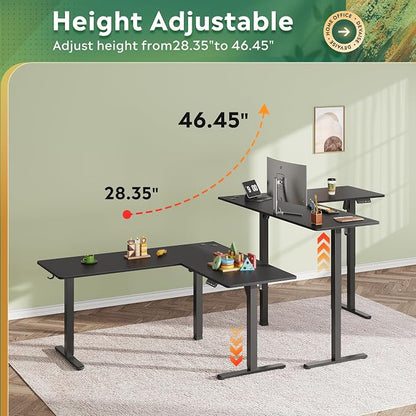 DEVAISE 63 Inch L Shaped Electric Standing Desk, 3 Adjustable Computer Desk for Home Office, Ergonomic Sit to Stand Desk with LED Touchscreen，Headphone Hook, 3 Memory Preset, with Split Top, Maple