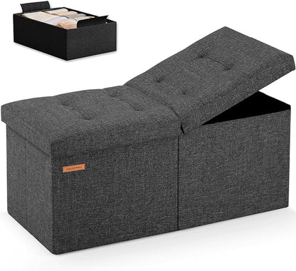 HAUSFRAU 31.5 Inches Ottoman with Storage Bench, Folding Ottoman Bench Small Foot Rest Stool, Bedroom Bench with Flipping Lid, Linen Dark Gray