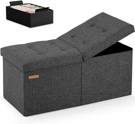 HAUSFRAU 31.5 Inches Ottoman with Storage Bench, Folding Ottoman Bench Small Foot Rest Stool, Bedroom Bench with Flipping Lid, Linen Dark Gray