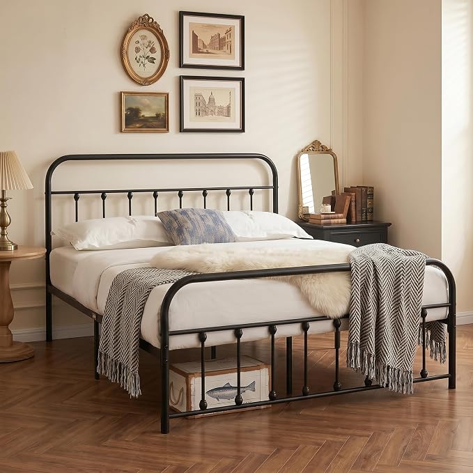 VECELO Queen Metal Platform Bed Frame with Headboard, Heavy Duty Steel Slat Support, Under Bed Storage,No Box Spring Needed, Easy Assembly，Victorian Style