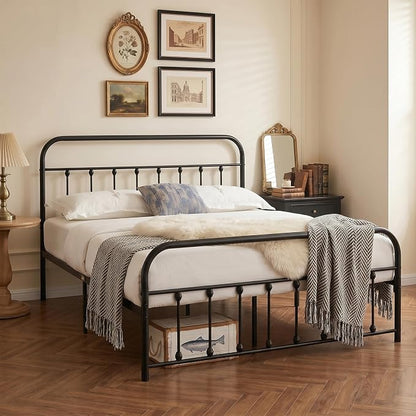 VECELO Queen Metal Platform Bed Frame with Headboard, Heavy Duty Steel Slat Support, Under Bed Storage,No Box Spring Needed, Easy Assembly，Victorian Style