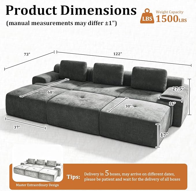 122" Oversized Boneless Couch, Comfort Cloud Sectional Couches for Living Room, Modular Sofa High Back & Extra Deep Seat, No Assembly, Soft Chenille Fabric (Dark Grey, 122 inch-（3+3）)