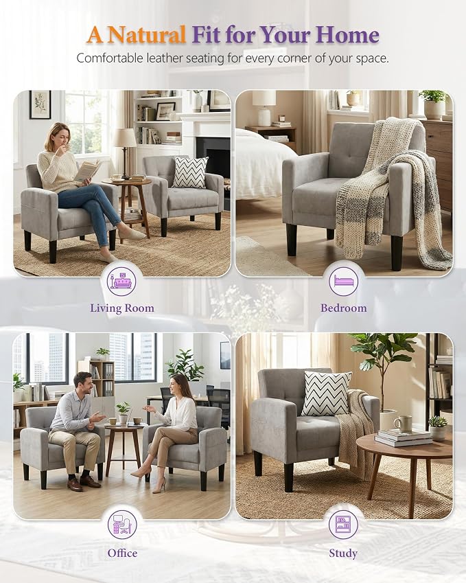 TYBOATLE Accent Chair Sets of 2 Living Room Chairs Cozy Tufted Mid Century Modern Chairs with Arms for Bedroom Comfy Reading Arm Chair Small Chairs for Small Spaces Living Room Office (2, Light Grey)