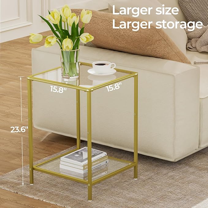 HOMSHO Side Tables Set of 2, End Table with Tempered Glass, 2-Tier Nightstands with Storage Shelves, Coffee Table with Modern Style, Square Sofa Table for Living Room, Bedroom, 15.7"D x 15.7"W, Gold