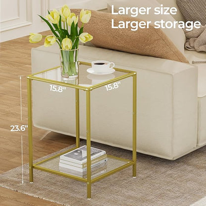 HOMSHO Side Tables Set of 2, End Table with Tempered Glass, 2-Tier Nightstands with Storage Shelves, Coffee Table with Modern Style, Square Sofa Table for Living Room, Bedroom, 15.7"D x 15.7"W, Gold