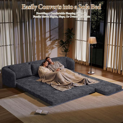 Vesgantti 110.2" Boneless Sectional Couch with Curved Armrest, 6 in 1 Convertible Folding Sleeper Sofa Bed, Chenille Modular Sofa for Living Room, No Assembly Required, Blue, Right Facing Chaise