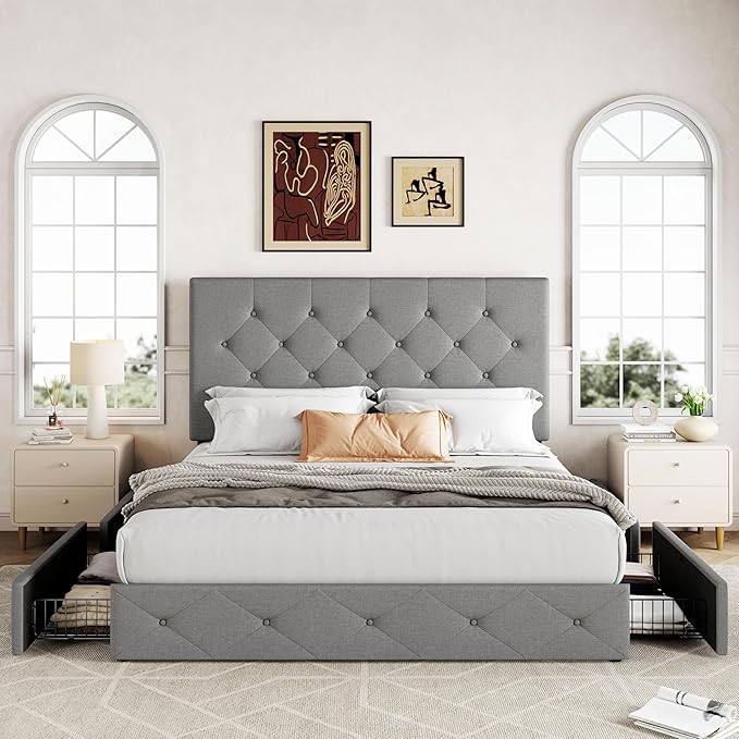 Allewie Upholstered Queen Size Platform Bed Frame with 4 Storage Drawers and Headboard, Diamond Stitched Button Tufted Mattress Foundation with Wooden Slats Support, Light Grey