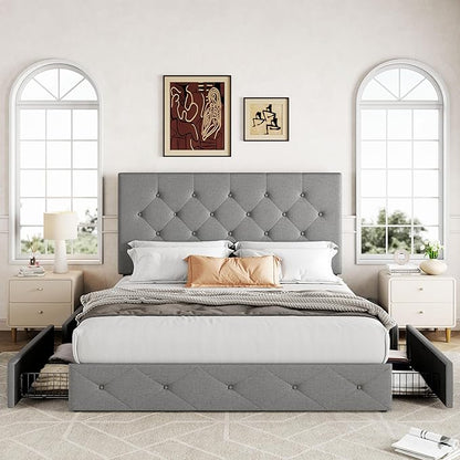 Allewie Upholstered Queen Size Platform Bed Frame with 4 Storage Drawers and Headboard, Diamond Stitched Button Tufted Mattress Foundation with Wooden Slats Support, Light Grey