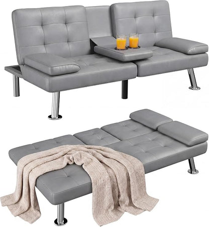 Homall Futon Sofa Bed, Leather Futon Couch with Removable Armrests, Adjustable Recliner Sleeper Sofa Bed with Dual Cup Holders for Living Room, Apartment, Office (Gray)