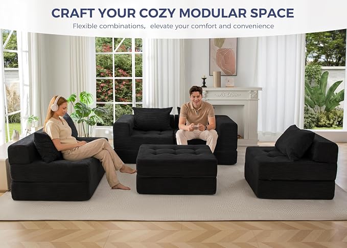 MAXYOYO Modular Sectional Sofa Couch, Foldable U Shaped Cloud Couch with Pillows, Tufted 6-Seat Boneless Sofa Lounger for Living Room, No Assembly Required, Black