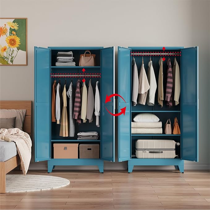 Metal armoire Wardrobe Closet with Hanging Rod,71'' Metal Wardrobe Cabinet with 2 Doors and 2 Adjustable Shelves, Bedroom armoires,Laundry Room cabinets,armario de ropa Closet
