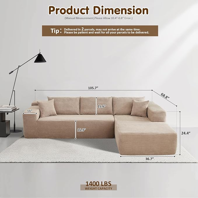 ovios 104" Cloud Boneless Couch with L-Shape Chaise,Modern Sectional Modular Sofa with Deep Seat, Upholstered Couches for Living Room Bedroom,No Assembly Required, Camel (Corduroy Fabric)
