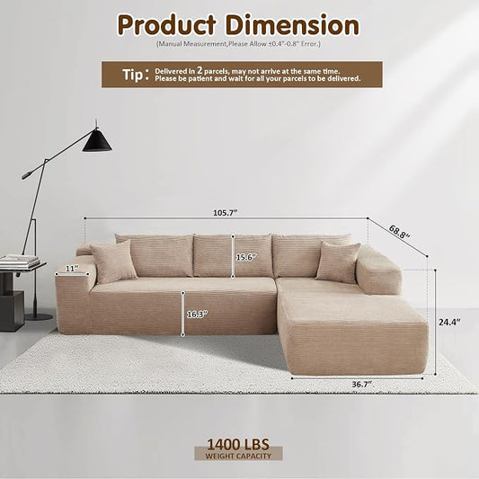 ovios 104" Cloud Boneless Couch with L-Shape Chaise,Modern Sectional Modular Sofa with Deep Seat, Upholstered Couches for Living Room Bedroom,No Assembly Required, Camel (Corduroy Fabric)