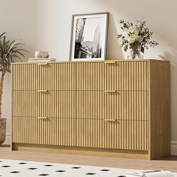 MAISONARIA 3-Piece Dresser Bedroom Set, 6 Drawer Dresser & 2 Drawer Nightstands with Gold Handles, Fluted Wood Chest of Drawers for Bedroom, Living Room, Entryway, Nature