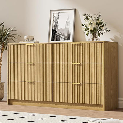 MAISONARIA 3-Piece Dresser Bedroom Set, 6 Drawer Dresser & 2 Drawer Nightstands with Gold Handles, Fluted Wood Chest of Drawers for Bedroom, Living Room, Entryway, Nature