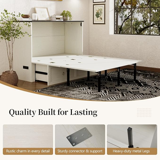 Ihanherry Full Murphy Bed with Storage Drawer, Farmhouse Cabinet Bed with LED Lights & Charging Station, Space Saving Wall Bed for Small Bedroom/Home Office, Noise Free & Easy Assembly, Rustic White