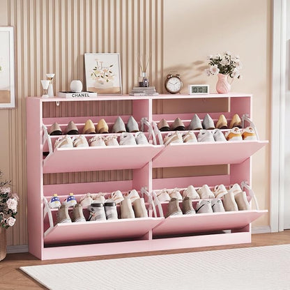 Shoe Storage Cabinet, Wood Shoe Organizer for Entryway with 3 Flip Drawers, Freestanding Shoe Rack with Adjustable Shelf, Narrow Shoe Dresser for Front Door Entrance (Pink, Standard 4 Drawers)