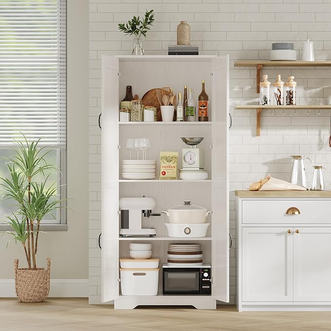 Garvee Kitchen Pantry Cabinet, Freestanding White Pantry Storage Cabinet, 60 in Cupboard, Tall Bathroom Storage Cabinet with 2 Doors and Adjustable Shelves, for Dining Room, Living Room, White
