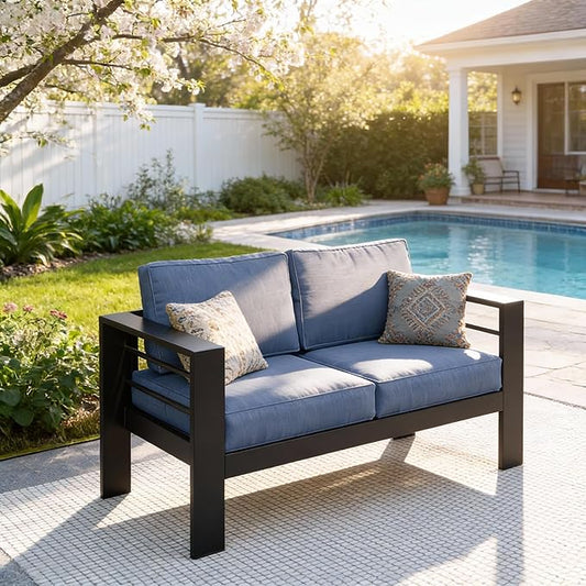 Kiss the Water Loveseat Aluminum Outdoor Patio Sofa Set, All Weather Rust-Proof Metal Patio Couch, Modern Outdoor Furniture for Backyard Porch Garden, 5" Thick Waterproof Olefin Cushions, Light Grey