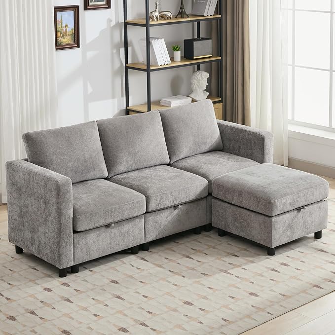 WUTUTUEE 83' Modular Sectional Sofa Convertible L Shaped Couch Set for Living Room, 4 Seat Storage Modular Sofa with Movable Ottoman, Chenille(Light Grey)