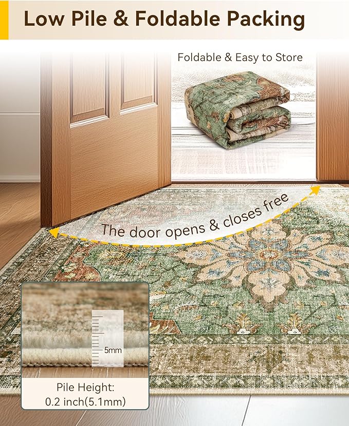 RELEANY Area Rugs 3'x5' Washable Non-Slip, Floral Vintage Distress Medallion Carpet for Living Room Bedroom Dining Room, Terracotta Burnt Orange Green