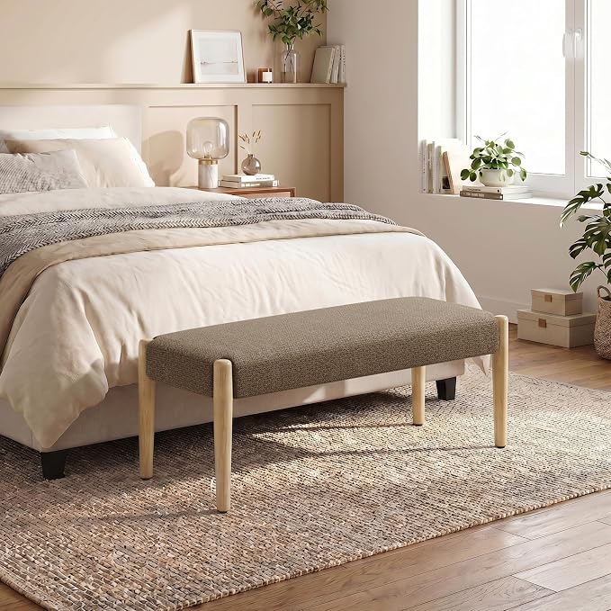 Usaint 42" End of Bed Bench, Modern Upholstered Bedroom Bench with Rubberwood Legs, Entryway Bench with Cushion, Dining Bench for Living Room, Bedroom, Dark Brown with Oak Leg