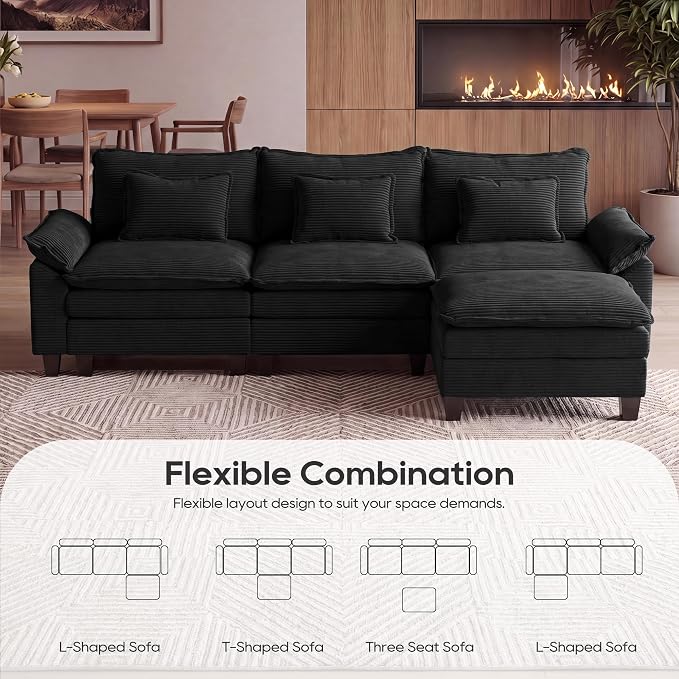 URRED Oversized Modular Sectional Sofa, 122" L Shaped Modern Comfy Cloud Couch with Movable Ottoman & Pillows, Deep Seat Couches for Living Room, Bedroom or Apartment (Corduroy Black, 122" L Shaped)