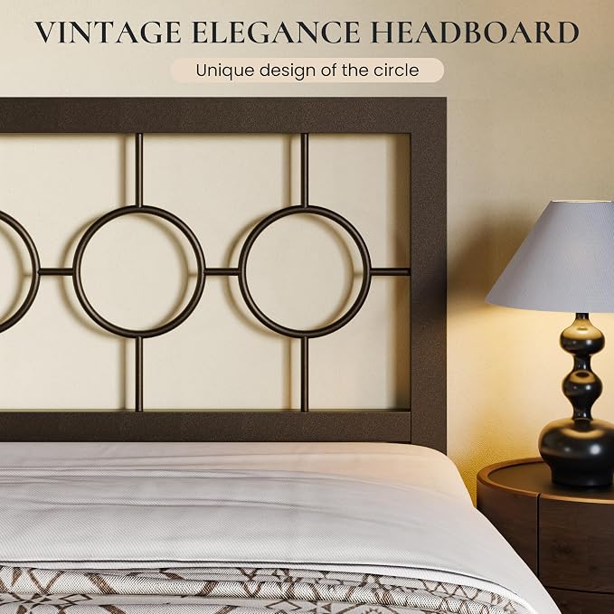 SHA CERLIN King Size Metal Bed Frame with Vintage Circular Design Headboard and Footboard,No Box Spring Required, Easy Assembly,Noise-Free,Brown