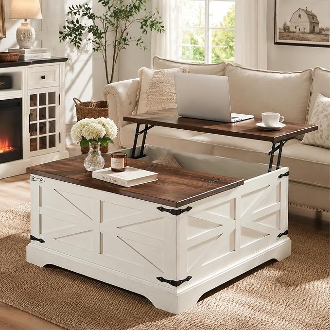JXQTLINGMU Farmhouse Lift-Top Coffee Table with Large Storage, 36" Square Wood Living Room Table with Hidden Compartment and Raised Dining Surface, White and Brown