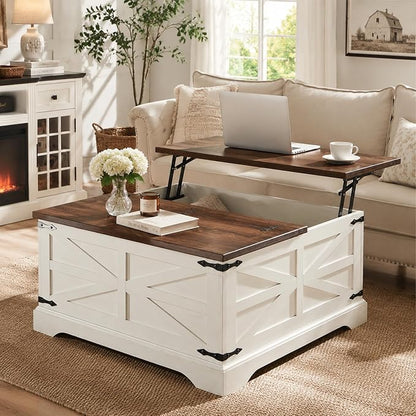JXQTLINGMU Farmhouse Lift-Top Coffee Table with Large Storage, 36" Square Wood Living Room Table with Hidden Compartment and Raised Dining Surface, White and Brown