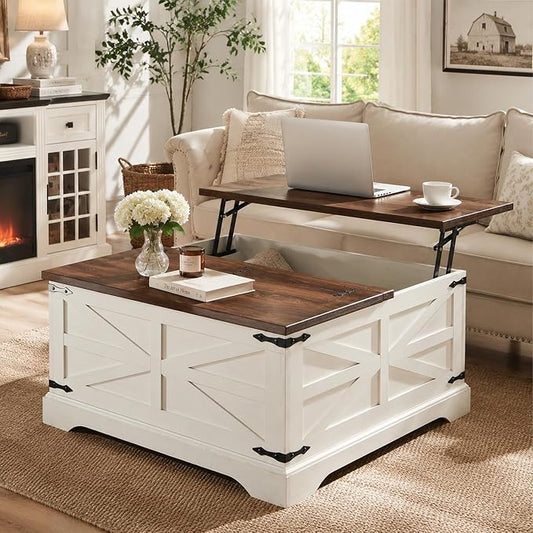 JXQTLINGMU Farmhouse Lift-Top Coffee Table with Large Storage, 36" Square Wood Living Room Table with Hidden Compartment and Raised Dining Surface, White and Brown