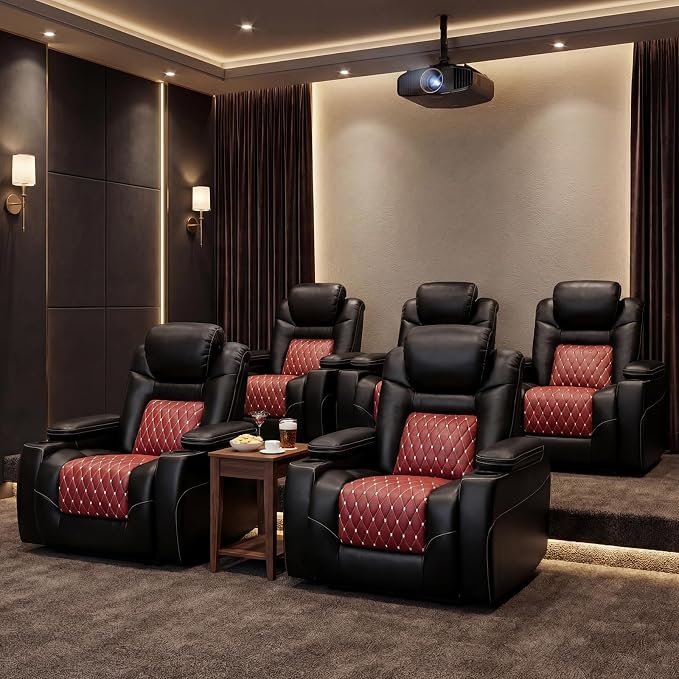 ANJ Power Recliner Chair Set of 5,Home Theater Seating with Adjustable Headrest,Cup Holders,USB Port,Hidden Arm Storage(Black)