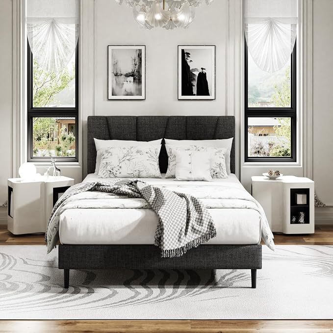 Sismplly Full Size Platform Bed Frame with Upholstered Headboard, Wooden Slats Support, Noise Free, No Box Spring Needed, Easy Assembly, Dark Grey, Linen