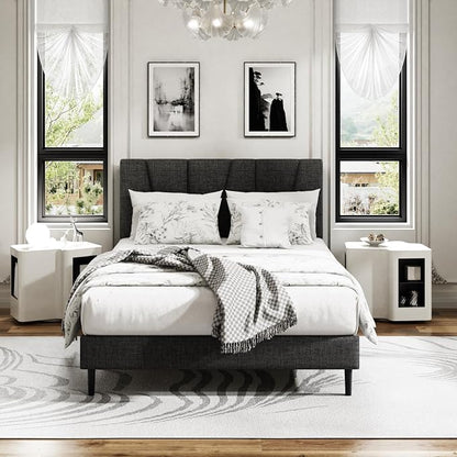 Sismplly Full Size Platform Bed Frame with Upholstered Headboard, Wooden Slats Support, Noise Free, No Box Spring Needed, Easy Assembly, Dark Grey, Linen