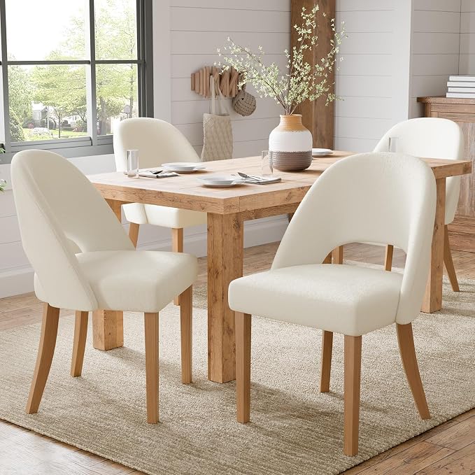 Wooden Dining Chairs Set of 4, Upholstered Modern Chenille Dining Room Chair Kitchen Chairs, Comfy Farmhouse Dinner Chair for Kitchen Dining Room, Beige