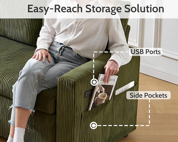 WEUP 106" U Shaped Sectional Sleeper Sofa Bed with Pull Out Bed, Sectional Sleeper Couch Pull Out Couch with Reclining Backrest/Reversible Storage Chaise/USB Ports/Tool-Free Assembly, Corduroy Green