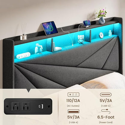 Driftalia Queen Bed Frame with 2-Tier Storage Headboard, Upholstered Bed Frame Queen Size with 2 Drawers, Charging Station and LED Lights, No Box Spring Needed, Easy Assembly - Dark Grey