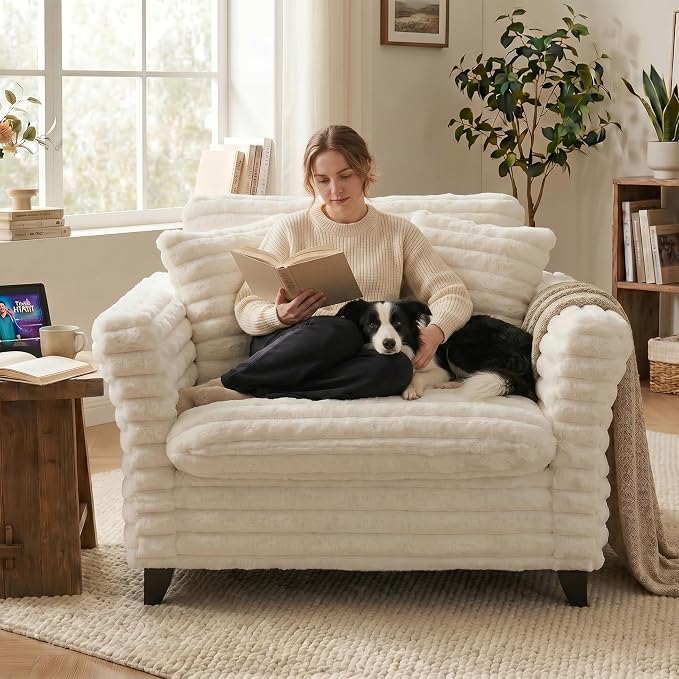 ERYE 46.9" Corduroy Upholstered Accent Chair Wide Seat Armchair for Living Room Bedroom, Modern Cloud Cushion Armchair W/ 2 Pillows and Wooden Legs for Home Apartment Office