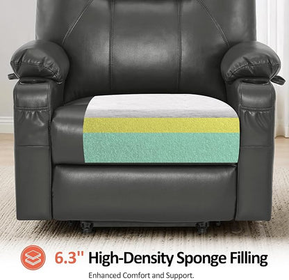 MCombo Oversized Power Lift Recliner Chair for Elderly, Lift Chair with Heat and Massage for Big and Tall, USB&Type C Ports, Cup Holders, Faux Leather R7510 (Grey, Large-Wide)