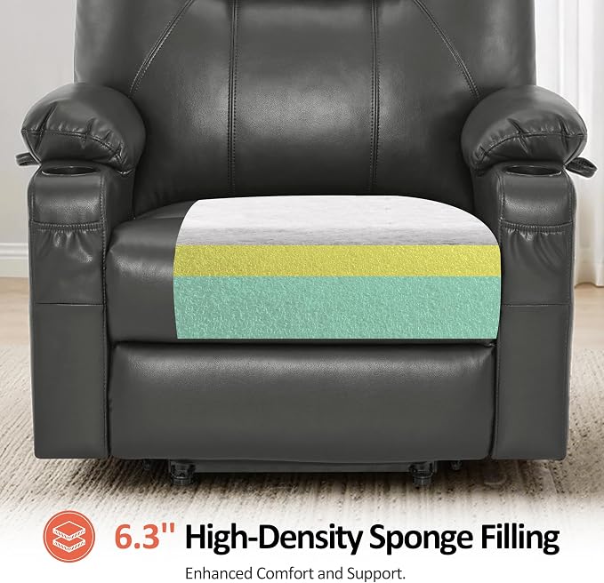 MCombo Extra Wide Power Lift Recliner Chair for Elderly, Lift Chair with Heat and Massage for Big People, USB&Type C Ports, Cup Holders, Faux Leather R7045 (Grey, Medium-Wide)