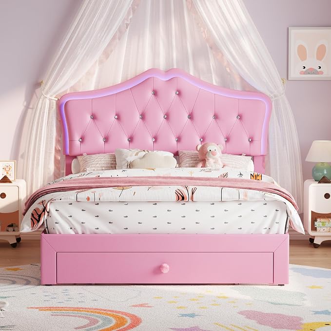 Garvee Full Size Bed Frame with LED Lights & Velvet Crystal Button Headboard, Upholstered Boy/Girl Platform Bed with Storage Drawer, Noise Free, No Box Spring Needed for Kids, Teens, Pink